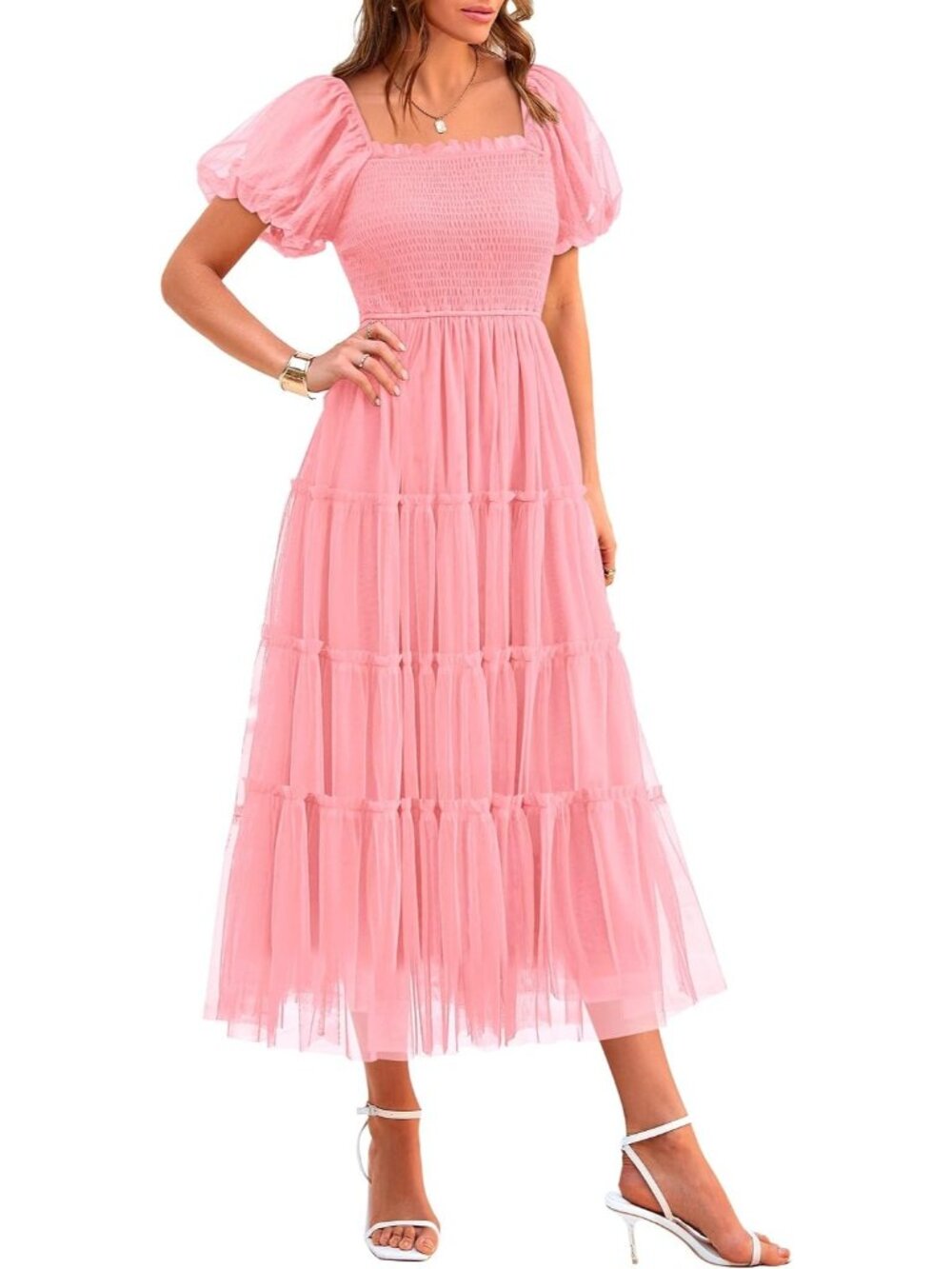 Women's Pink Summer Lightweight Flowy Mesh Square Neck Smocked Guest Midi Dress